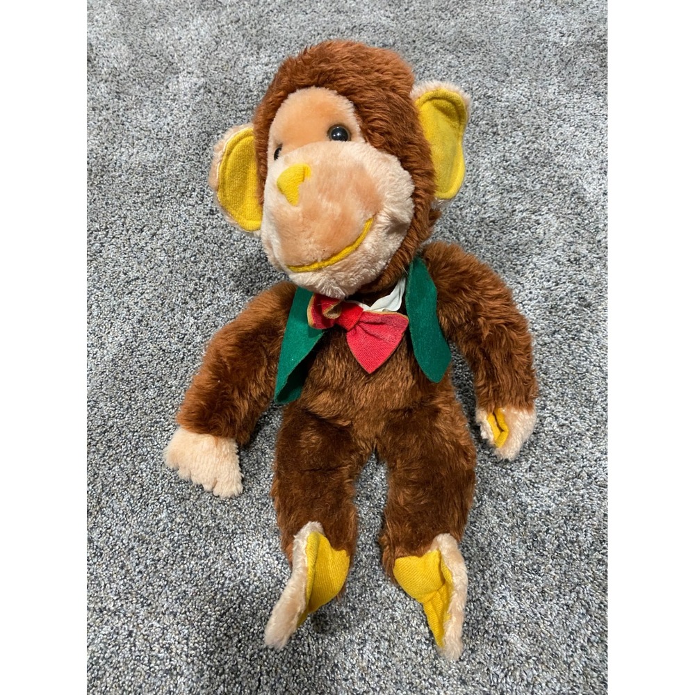 Vintage Brown Plush Monkey with Green Vest and Red Bow‎ Tie Stuffed Animal